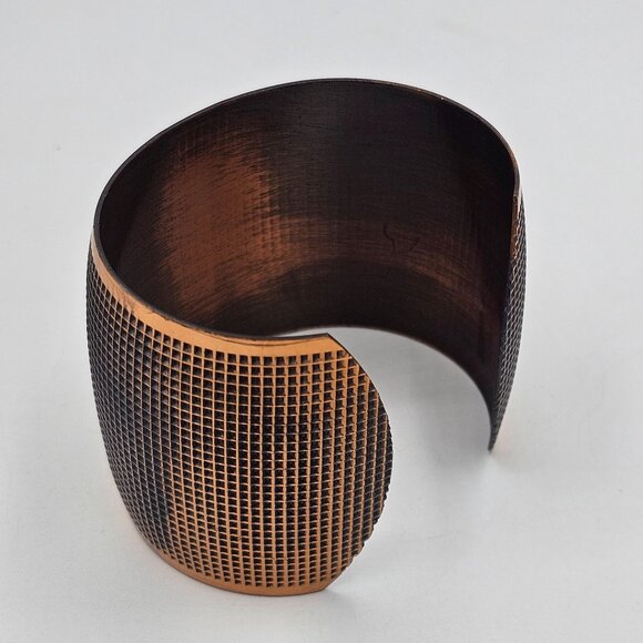 Textured Grid Solid Copper Wide Open Cuff Chunky Bracelet Adjustable - Picture 9 of 10